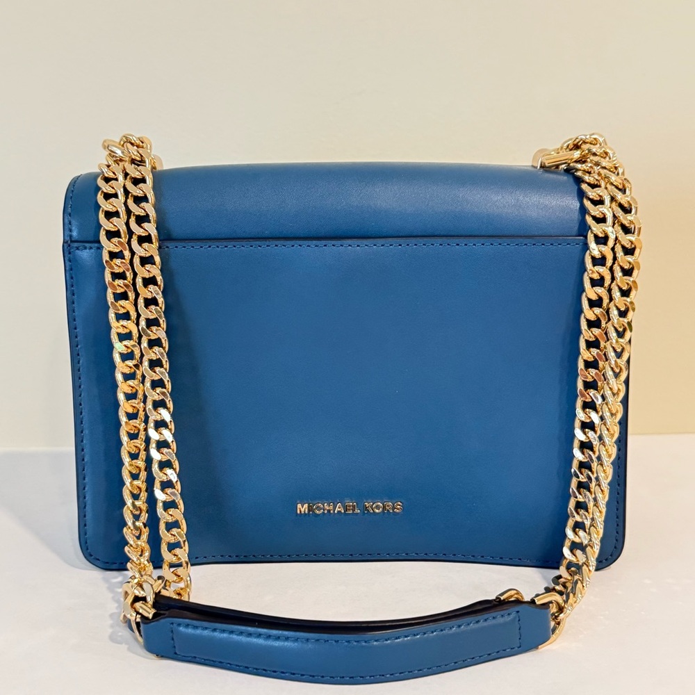Michael Kors Jade Gusset Leather Shoulder Bag Blue Gold Chain Crossbody Shoulder - Picture 2 of 16